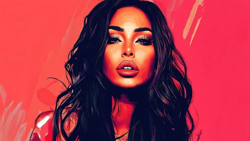 Bold digital portrait of confident woman on vivid coral backdrop