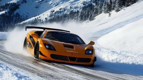 Orange race car drifting on icy mountain road in winter.
