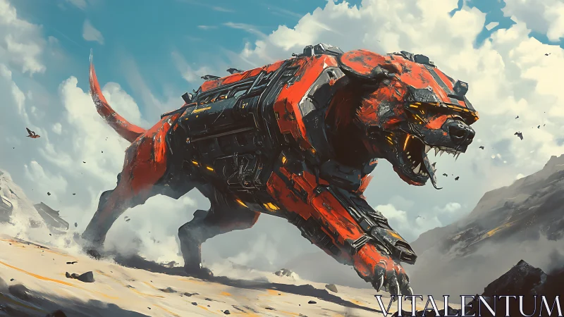 Cybernetic warhound charges across shattered desert horizon.