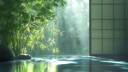 Soft volumetric light enters zen room overlooking bamboo grove