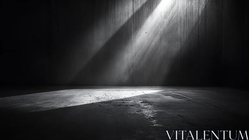 Sunbeam cuts across dark concrete room and floor surface