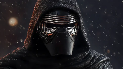 Hooded armored figure in metallic mask under falling snow.