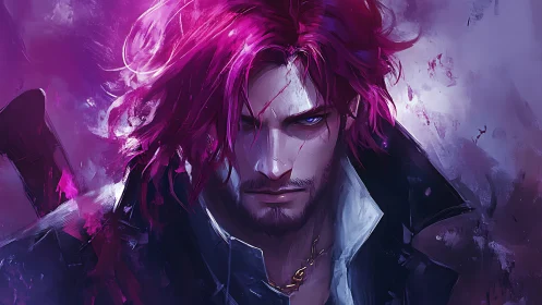 Scarred magenta-haired swordsman rendered in high-contrast digital painting