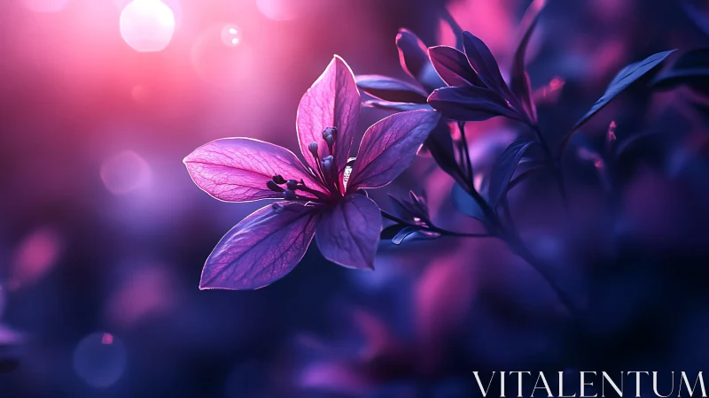 Purple flowers luminescent glow. Bokeh background.