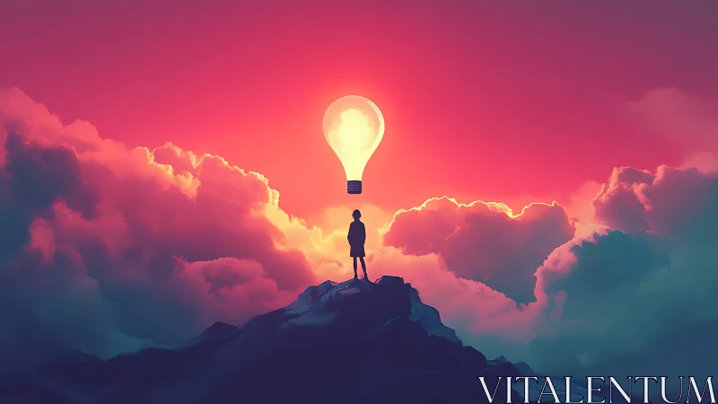 Silhouette under glowing bulb above clouds at sunset.