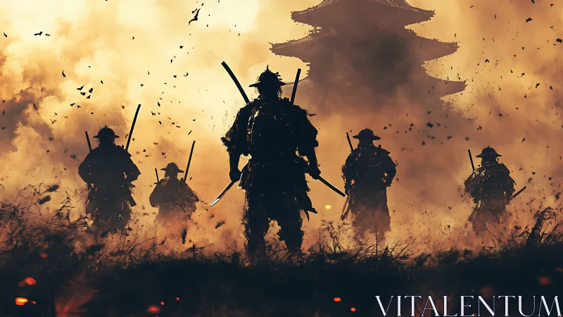 Samurai strike team advancing through incendiary battlefield haze.