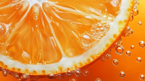 High-magnification orange slice submerged in carbonated liquid