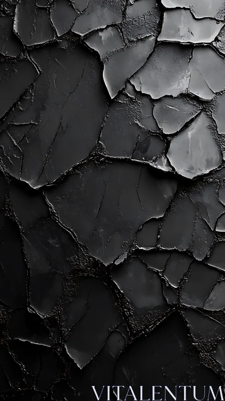 Cracked black surface forms abstract, dramatic texture field