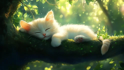 Resting white cat with orange ear markings in dappled woodland light