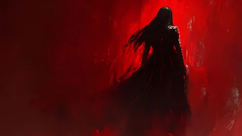 Dark lone figure stands against harsh red abstract field.