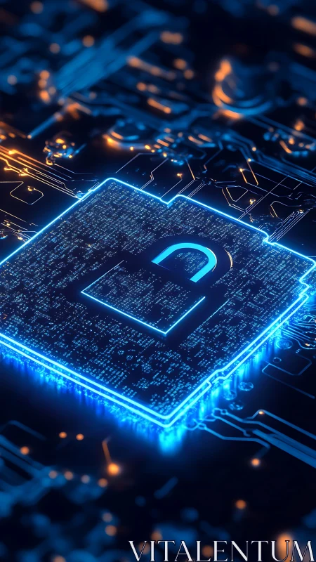 Neon circuit lock icon renders open cybersecurity vulnerability