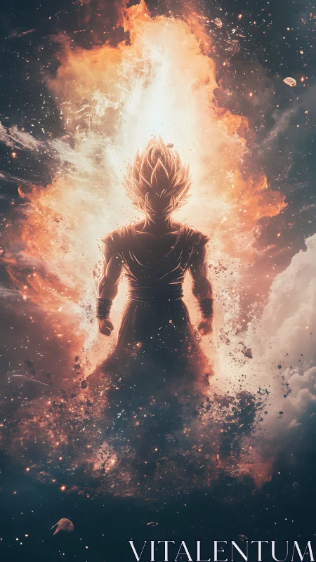 Celestial warrior silhouette ignites within cosmic firestorm.