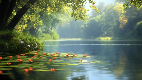 Sunlit riverbank with water lilies rendered in soft depth-of-field