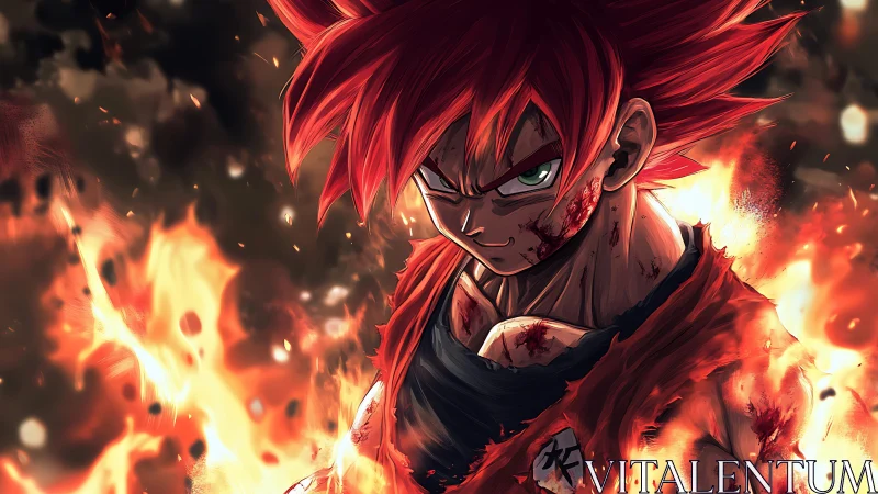 Battle-scarred anime warrior rendered in dynamic fiery lighting