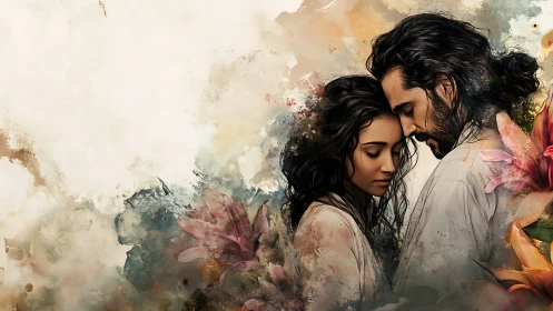 Watercolor portrait of couple with floral abstraction