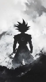 Storm-shrouded anime warrior silhouette in monochrome inkscape.