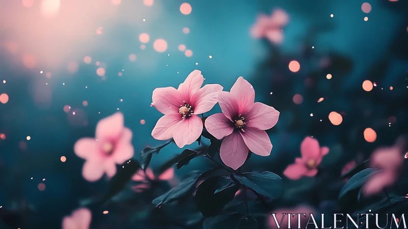 Pink flowers bloom under dreamy teal lights and bokeh.