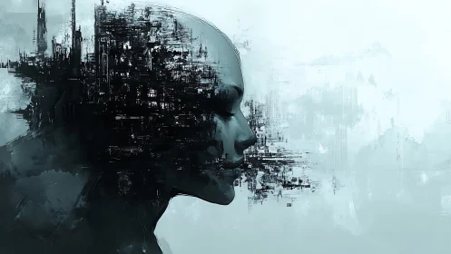 Abstract human profile with fragmented digital distortion.