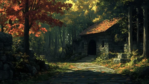 Autumn Forest Chapel Path Illuminated by Golden Canopy Light