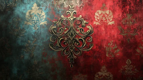 Baroque gold ornament on distressed teal and red wall.