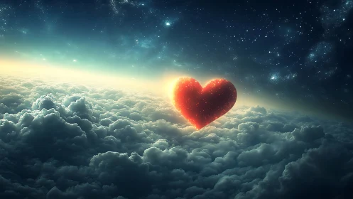 A Glowing Heart Shines Through Heavenly Clouds and Stars