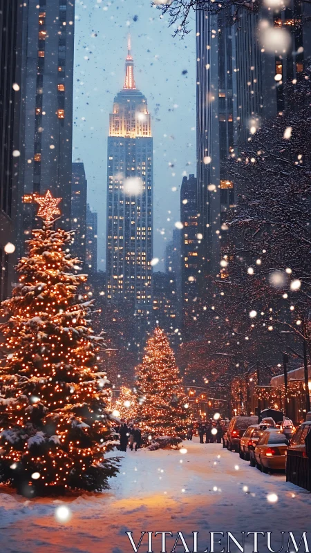 Snowy city avenue with glowing Christmas trees at dusk.