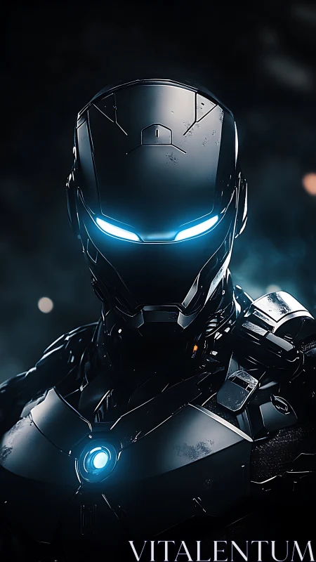 Armored cybernetic warrior stands in glowing neon gloom.