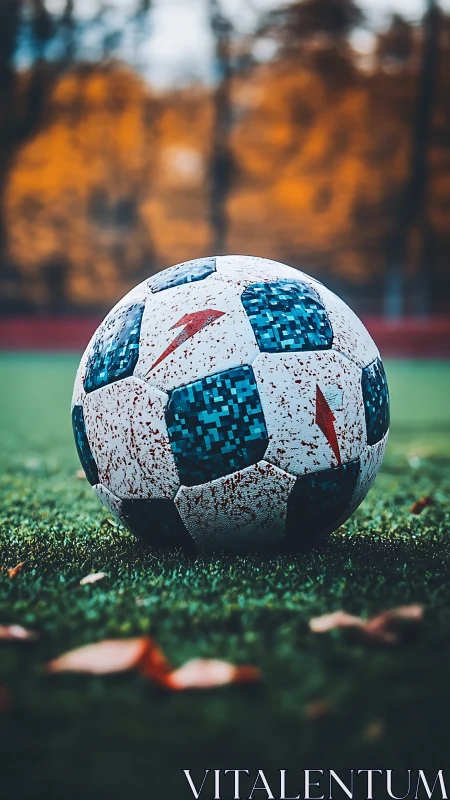 Photographic close-up of worn soccer ball on autumn pitch.