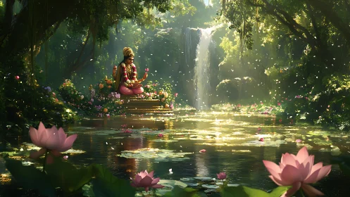 Lotus goddess dreaming in a sunlit waterfall sanctuary.