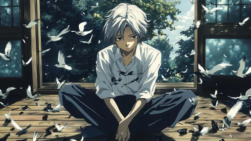 Quiet boy in sunlight surrounded by fluttering white birds.