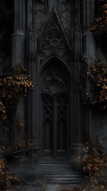 Gothic obsidian doorway framed by withered autumn vines.