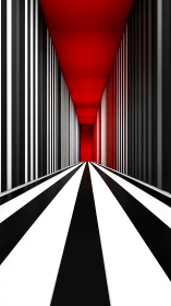 Geometric striped corridor converges toward vivid red horizon.