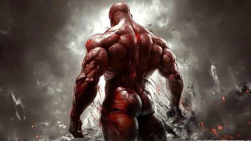 Bloodforged titan strides through stormlit battlefield haze.