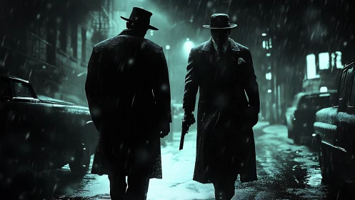 Noir gunmen walking through rain-soaked alley at night.