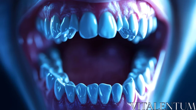 Hyper-realistic Close-up of Open Mouth with Sharp Teeth, Blue Lighting.