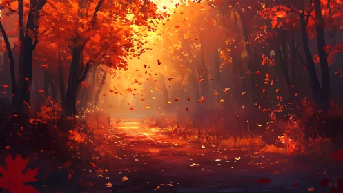 Forest Path with Autumn Foliage and Golden Light