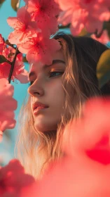 Soft morning portrait wrapped in coral spring blossoms.