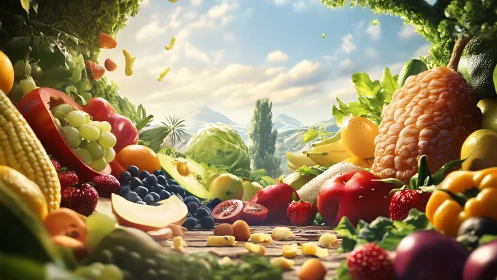 Colorful fresh fruits and vegetables arranged in landscape