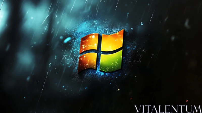 Multicolored segmented window emblem in rainy dark field.