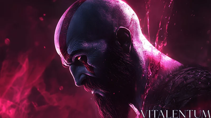 Profile of bald bearded warrior in red digital lighting.