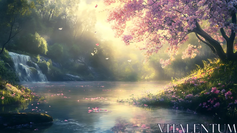 Sunlit blossom river drifts quietly beneath glowing forest sky