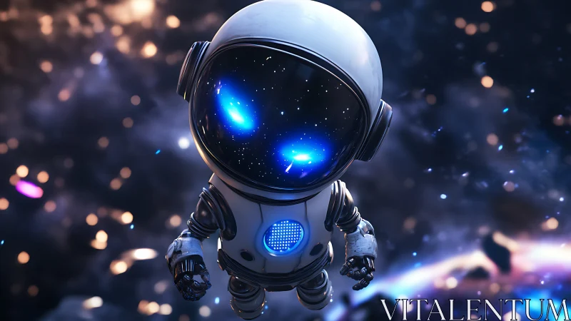 Small futuristic astronaut in deep space environment.