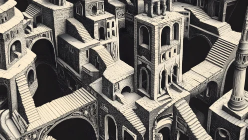 Surreal maze of stone staircases and arches in intricate sketch style.