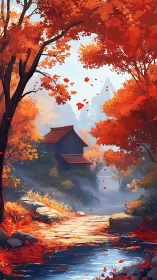 Autumn forest stream frames secluded cabin under misty peak