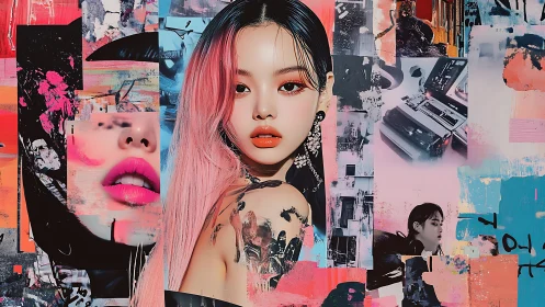 Neon collage muse slips between pixels, paint, and memory