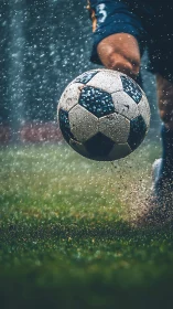 Close-up soccer kick launching wet ball through spray.