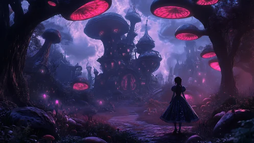 Moonlit mushroom city and lone wanderer on a glowing path.
