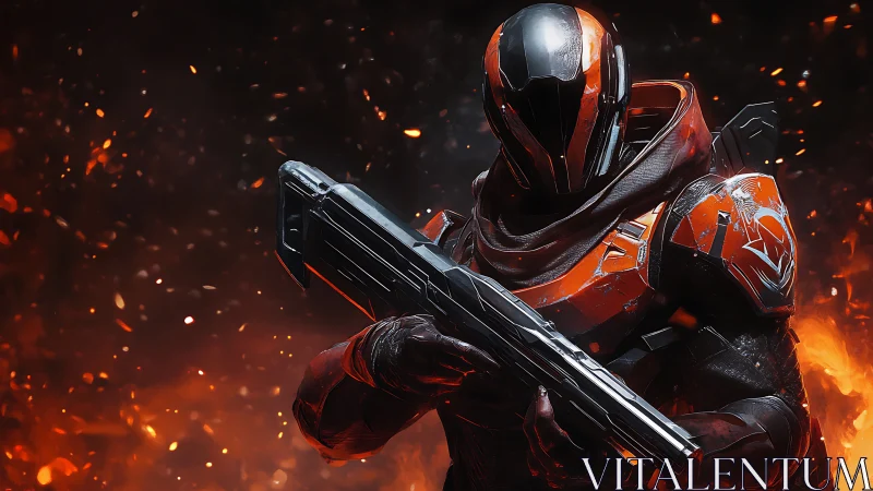 Armored sci fi soldier holding rifle in fiery embers scene.