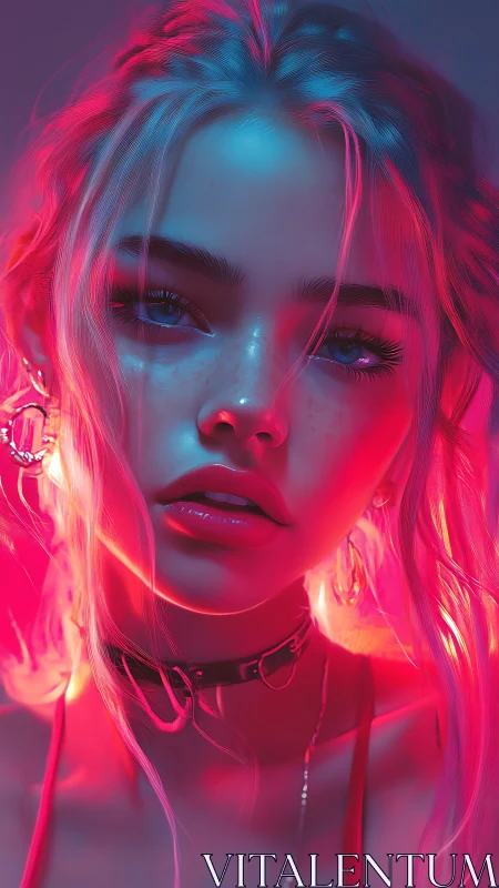 Neon bicolored rim lighting on hyperreal female portrait render.