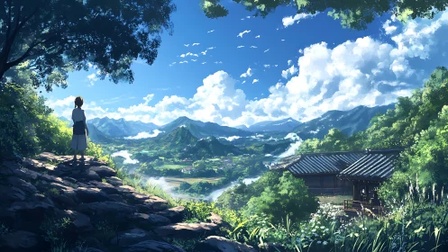 Child stands on rocky hill overlooking lush valley landscape